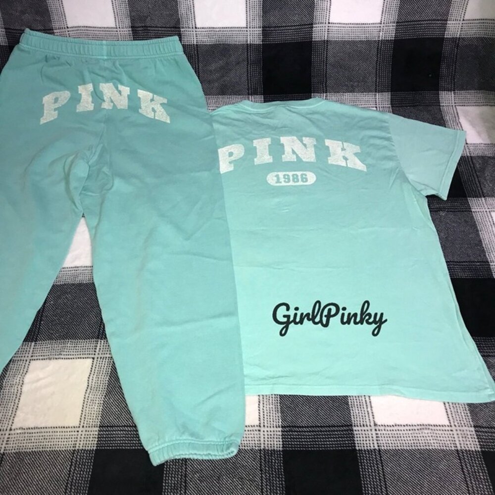 VS PINK SWEATPANTS OUTFIT & SHORT SLEEVE CAMPUS TEE IN SWEET MINT SIZES M & L